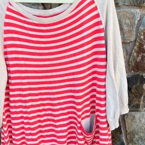 ANTHROPOLOGIE m.o.l knits Coral & Tan Striped top w/front pocket LARGE